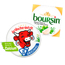 Boursin knoflook & fijne kruiden
pakje à 80 gram of La Vache qui rit cheez
dippers 3-pack of smeerkaaspuntjes
doosje à 105-120 g